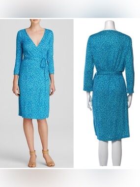 Diane Von Furstenberg Teal Blue Printed Midi Wrap Dress